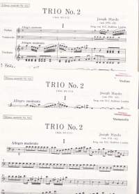 Sello-piano-viulunuotit - Joseph Haydn -Klaviertrios - Trio No. 2 C-dur, 1977. Erilliset nuotit viululle ja sellolle. Katso sisältö kuvista.