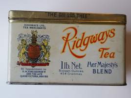 Ridways &quot;HMB&quot; Tea Her Majesty´s Blend teepurkki  - tyhjä  peltirasia tuotepakkaus 9x11x15 cm