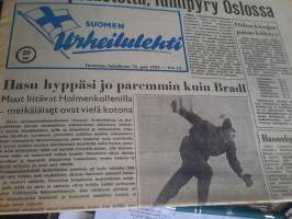 Suomen Urheilulehti to helmikuun 14 päivä 1952 Hasu hyppäsi jo paremmin kuin Bradl, kisat pelastettu lumipyry Oslossa