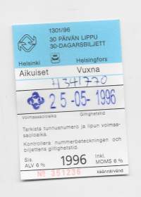 HKL 30 päivän lippu   1996  Aikuiser  matkalippu, linja-autolippu