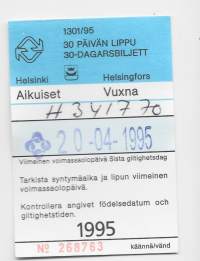 HKL 30 päivän lippu   1995  Aikuiser  matkalippu, linja-autolippu