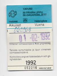 HKL 30 päivän lippu   1992  Aikuiser  matkalippu, linja-autolippu