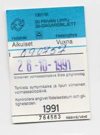 HKL 30 päivän lippu   1991  Aikuiser  matkalippu, linja-autolippu