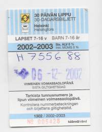 HKL 30 päivän lippu   2002-2003   Lapset   matkalippu, linja-autolippu