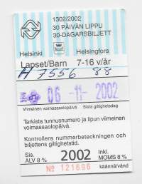 HKL 30 päivän lippu   2002   Lapset   matkalippu, linja-autolippu