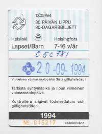 HKL 30 päivän lippu   1994   Lapset   matkalippu, linja-autolippu