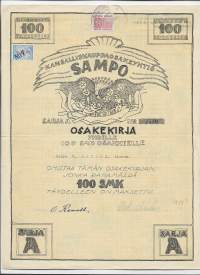 Sampo Kansalliskauppa Oy Sarja A 100 mk  Vaasa 1921 osakekirja,