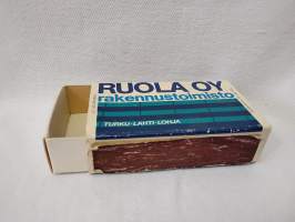 iso tulitikkurasia tuotepakkaus Ruola Oy rakennustoimisto