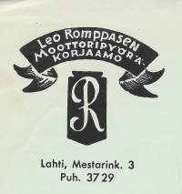 Leo Romppasen Moottoripyörä korjaamo Lahti 1954   firmalomake