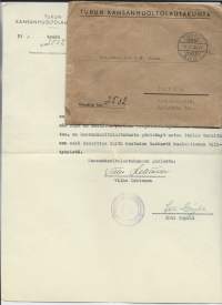 Turun Kansahuoltolautakunta kirje 1944 &quot;varoitus mämmin tuotannossa syntyneestä viljatuotevajauksesta&quot;  - firmalomake ja firmakuori