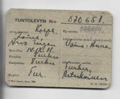 Sodanaikainen Tuntolevyn nr pahvinen kortti  korpraali Turku  1942