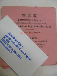 Hämeenlinnan WPK Ensimmäinen  Iltama v. 1889 piletti 