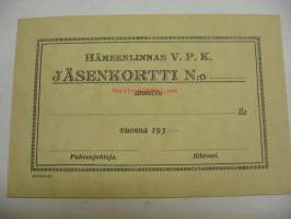 Hämeenlinnan VPK -jäsenkortti