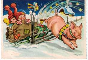 Joulukortit 2 kpl. Hups, possu lahjakuorman kuljettajana leikkii  aitahyppääjäää  sekä onnellinen  heppa  ja possu saavat joulupuuron. Piirtäjä Kristina.