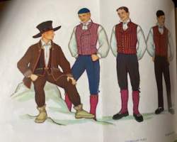 Kansallispukuja, sisältää suomalaisia naisten ja miesten pukuja värikuvina.