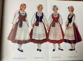 Kansallispukuja, sisältää suomalaisia naisten ja miesten pukuja värikuvina.