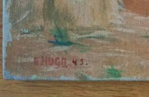E Hugg, maalaus kankaalle &quot;Heinäpelto&quot; , sign 1945   koko 28x43 cm kehystämätön