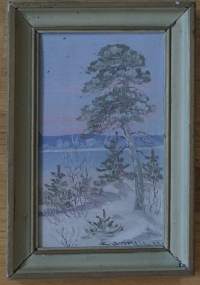 E Suomela &quot; Talvinen maisema&quot;  öljyvärimaalaus levylle sign  E Suomela 1943  koko  41x28  cm kehystetty