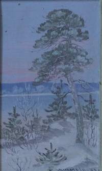 E Suomela &quot; Talvinen maisema&quot;  öljyvärimaalaus levylle sign  E Suomela 1943  koko  41x28  cm kehystetty