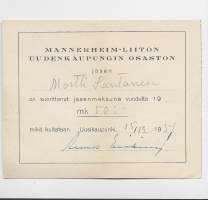 Mannerheim-Liiton Uudenkaupungin osaston jäsen 1954   jäsenkirja