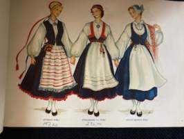 Kansallispukuja, sisältää suomalaisia naisten ja miesten pukuja värikuvina. Toinen uudistettu painos.