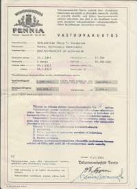 Vakuutus Oy Fennia Vastuuvakuutus   - vakuutuskirja 1951