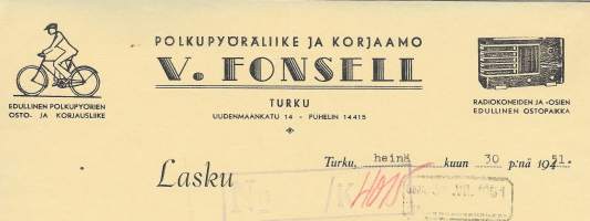 V Fonsell Polkupyöräliike ja Korjaamo Turku 1951 - firmalomake