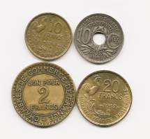Ranska 10 C 1925, 2 Francs 1921, 10 Francs ja 10 Francs 1952 - ulkomainen kolikko yht 4kpl erä