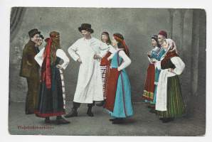 Suomalaisia kansantansseja - Yhdeksänhenkinen  - postikortti kulkenut 1907 nyrkkipostissa