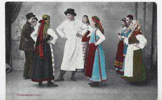 Suomalaisia kansantansseja - Yhdeksänhenkinen  - postikortti kulkenut nyrkkipostissa