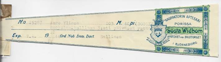 Kauppatorin Apteekki Porissa Gösta Widbom 1944  - resepti signatuuri