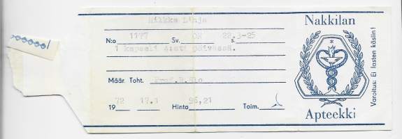 Nakkilan Apteekki  , resepti  signatuuri  1972
