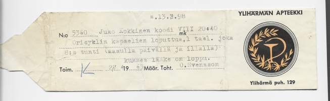 Ylihärmän  Apteekki Ylihärmä resepti  signatuuri  1965