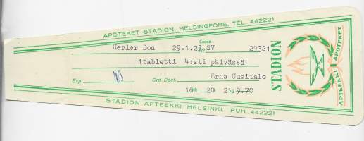 Stadion Apteekki  Helsinki - resepti signatuuri  1970