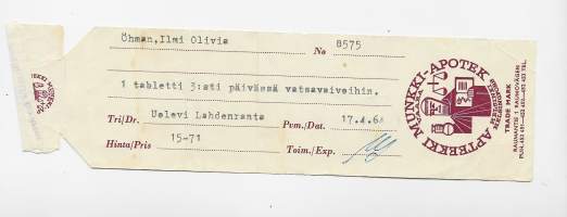 Munkki  Apteekki  Vaara Helsinki  resepti  signatuuri  1964