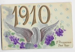 Godt Nytt År 1910   - uudenvuodenkortti kohopaino kulkenut  1909
