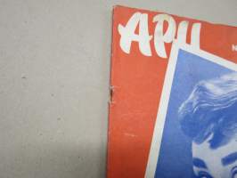 Apu 1955 nr 16, 16.4.1955, kansik. Audrey Hepburn, Teräksinen tervaskanto Juho Keinänen 97 vuotta Kuopio, Tähtisilmä-elokuvaa kuvaamassa, Sepänsälli Matti Haapala