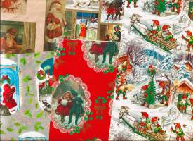 vanha  joululahjapakettipapereita - joulupaperi,  käärepaperi n 5  A 3 kokoista arkinosaa
