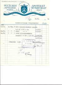 Puutorin Apteekki Turku 1951 - firmalomake