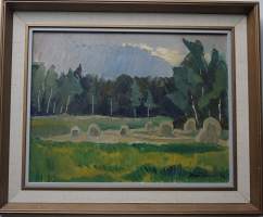 Kalle Rautiainen,&quot;Heinäpelto&quot;  öljymaalaus levylle sign -32 , koko 36x43 cm kehystetty