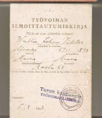 Työvoiman ilmoittautumiskirja  1943  työvelvollinen