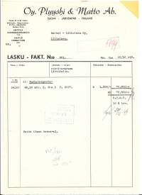 Plyyshi &amp; Matto  Oy  Järvenpää 1949  - firmalomake