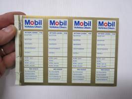 Mobil -huoltotarra / öljynvaihtotarra ovipilariin, arviolta 1980-luvulta, vihkosivu, jossa 4 kpl käyttämättömiä tarroja