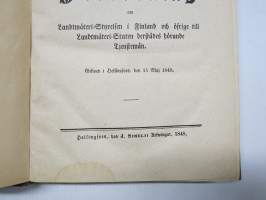 Hans Kejserliga Majestäts Nådiga Förordning om Landmäteri-Styrelsen i Finland och öfrige till... derstädes hörande Tjenstemän -manmittaushallinnon määräykset 1848