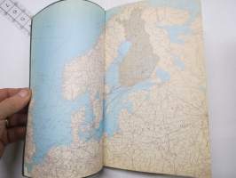 Matkailukirjan tiekartta Suomi / Finland - Vägkarta till resehandboken, Suomen Kumitehdas Oy julkaisu, Henrik Tikkanen kaupunkikuvituksia karttalehdillä