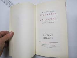 Matkailukirjan tiekartta Suomi / Finland - Vägkarta till resehandboken, Suomen Kumitehdas Oy julkaisu, Henrik Tikkanen kaupunkikuvituksia karttalehdillä