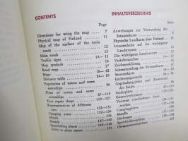 Matkailukirjan tiekartta Suomi / Finland - Vägkarta till resehandboken, Suomen Kumitehdas Oy julkaisu, Henrik Tikkanen kaupunkikuvituksia karttalehdillä