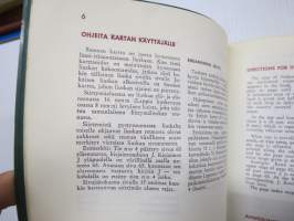 Matkailukirjan tiekartta Suomi / Finland - Vägkarta till resehandboken, Suomen Kumitehdas Oy julkaisu, Henrik Tikkanen kaupunkikuvituksia karttalehdillä