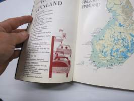 Matkailukirjan tiekartta Suomi / Finland - Vägkarta till resehandboken, Suomen Kumitehdas Oy julkaisu, Henrik Tikkanen kaupunkikuvituksia karttalehdillä