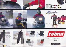 Reiman moottorikelkka-asustejuliste - Snowmobile Clothing 96/97. Koko 40 x 50 cm. Taitettuna.